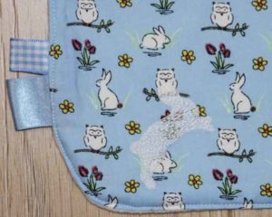 BB017 Blue Rabbits and Owls traditional bib label detail
