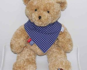 Blue-Polka-Dot-trim-bandana-bib-with-ribbons-BB007