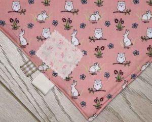 Peach-rabbits-and-owls-full-bandana-bib-pink-patch-detail-BB021